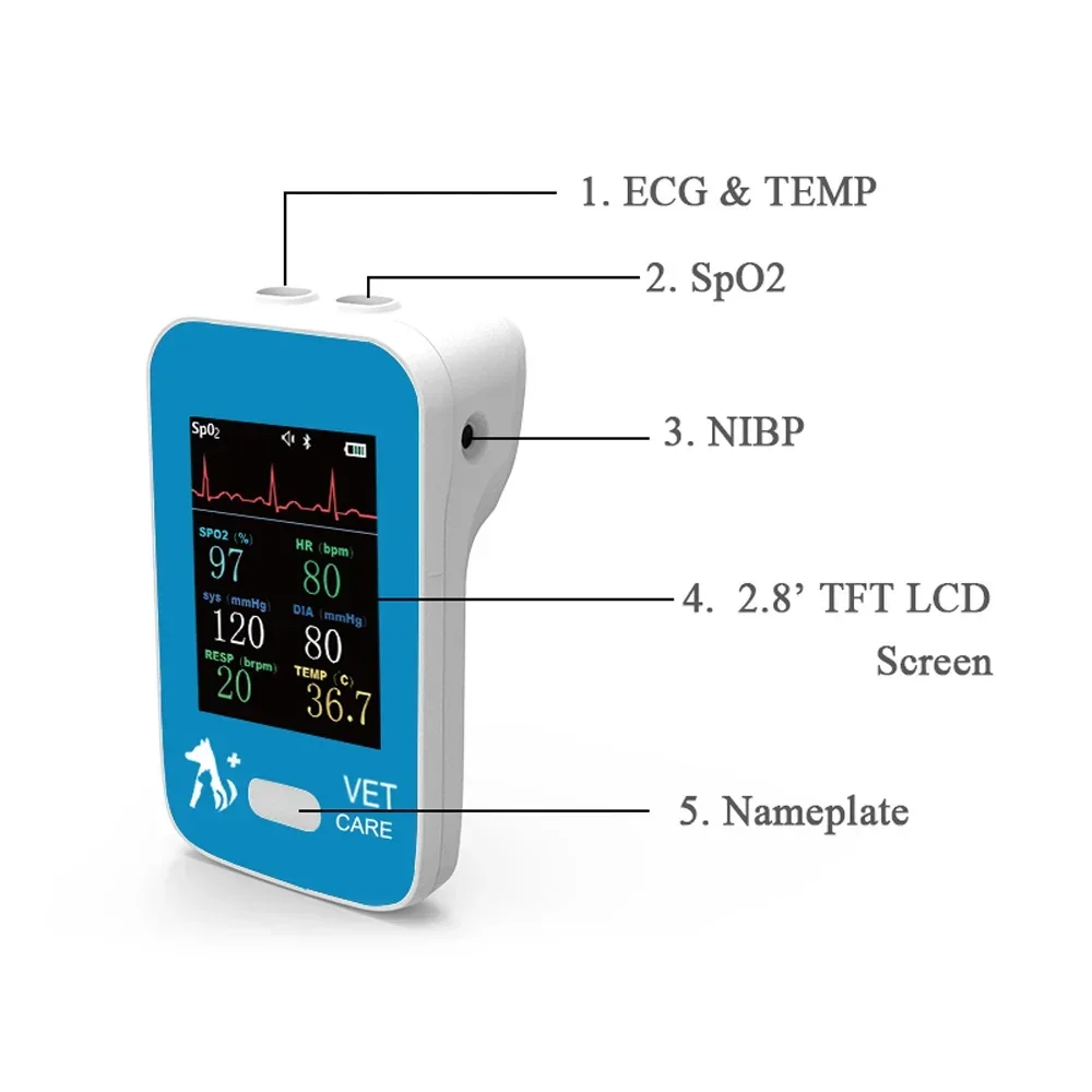 6 in 1 Handheld Veterinary Monitor multiparameter ECG HR NIBP SpO2 P TEMP Real Time Moniting with Bluetooth APP for Android iOS