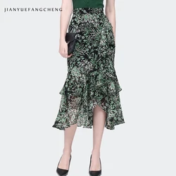 Fashion Green Plants Florals Printed Chiffon Summer Skirt Women High Waist Ruffles Mermaid Long Skirt Elegant Flowy Ladies Skirt