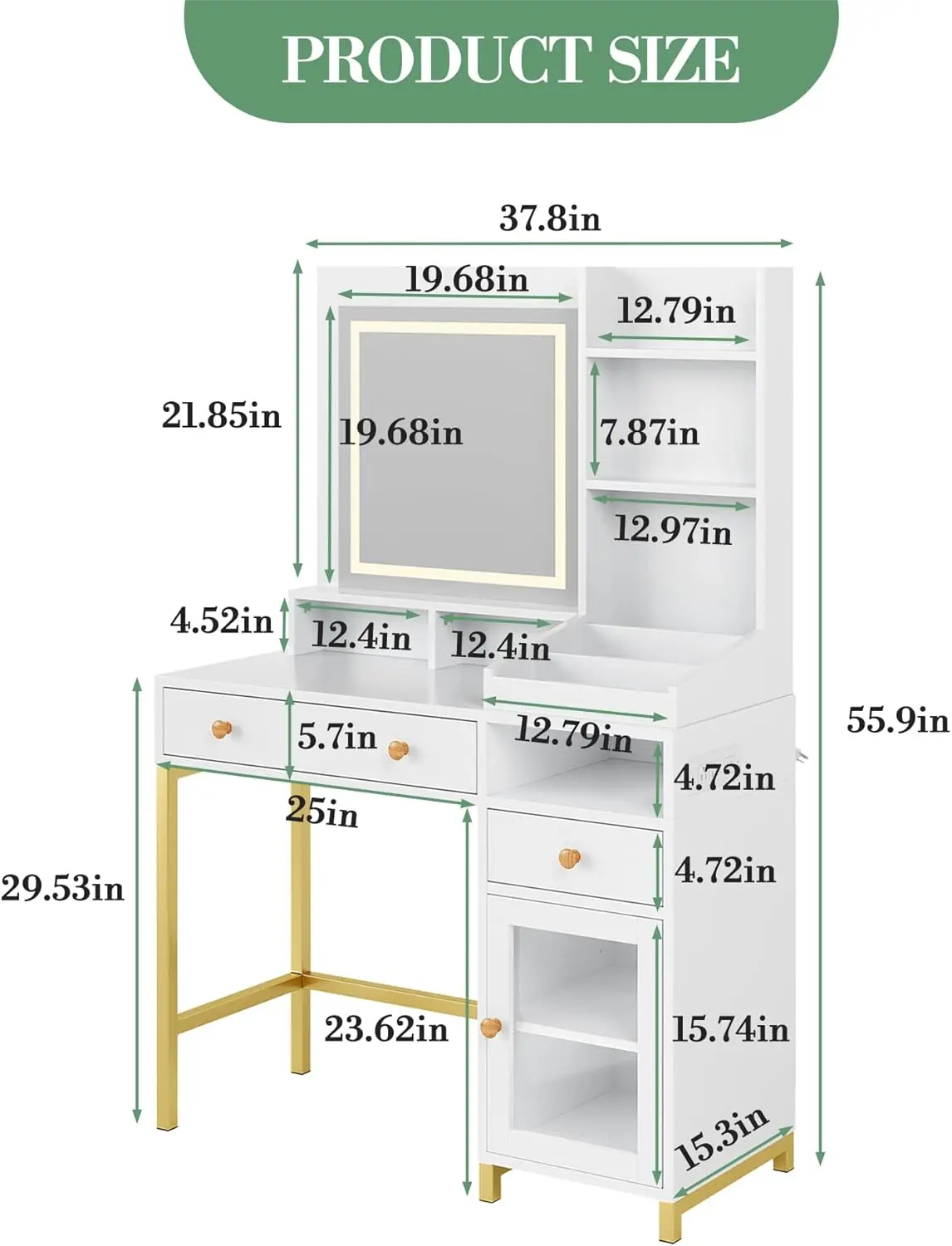 1 طاولة زينة بمرآة أكريليك LED من الحديد الأكريليك