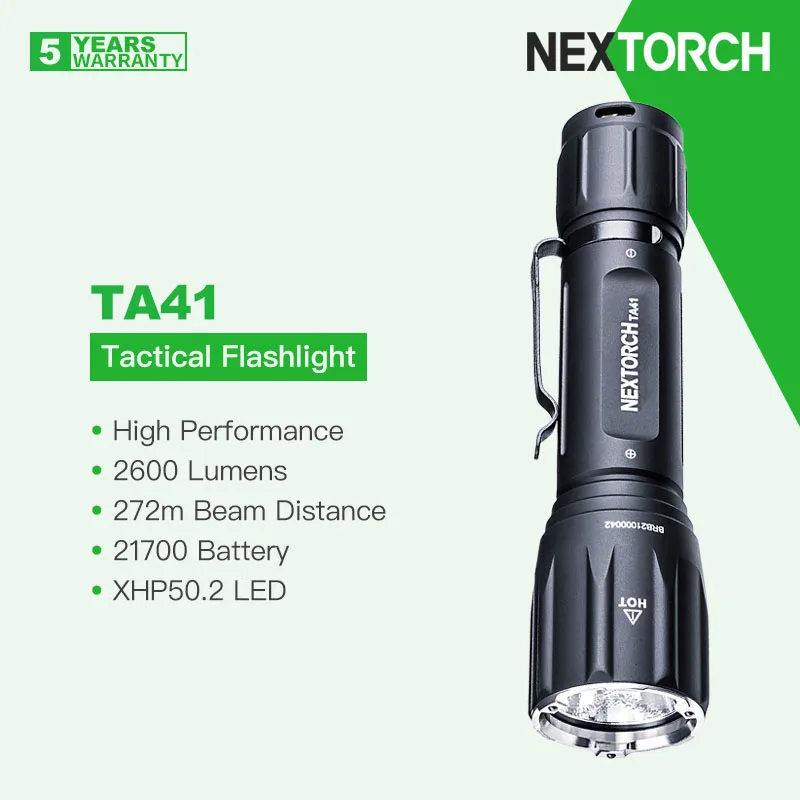 

Nextorch TA41 High Performance Tactical Flashlight with 21700 Battery, 2600 Lumens 272m Beam, for Hunting, Camping, Self Defense