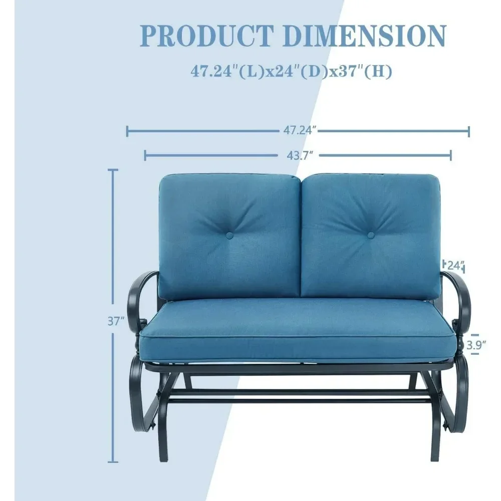 Outdoor schommelstoel met kussen zweefvliegtuig bank voor 2-persoons, zitplaatsen loveseat stalen frame voor veranda, terras, tuin (pauwblauw)