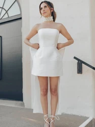 Satin Little White Wedding Dresses Back Bow Mini Bride Dress Strapless Sheath Sexy Dresses For Women 2023 Robe De Mariee