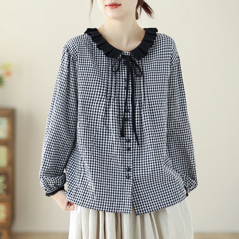 

Hebden Sle Floral Trim Collar Plaid Long Sve Women's irt Autumn Faion Sweet Temperament Loose Fit Button up Top