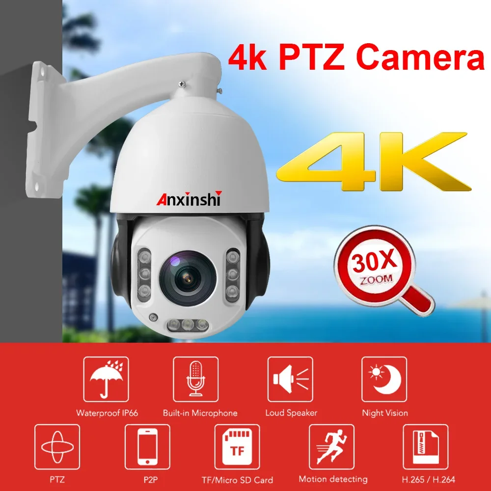 Kamera Anxinshi 4K 8MP PTZ PoE dengan Zoom 30x, Model Malam Berwarna, Audio Dua Arah, Kartu SD, Kamera CCTV PoE