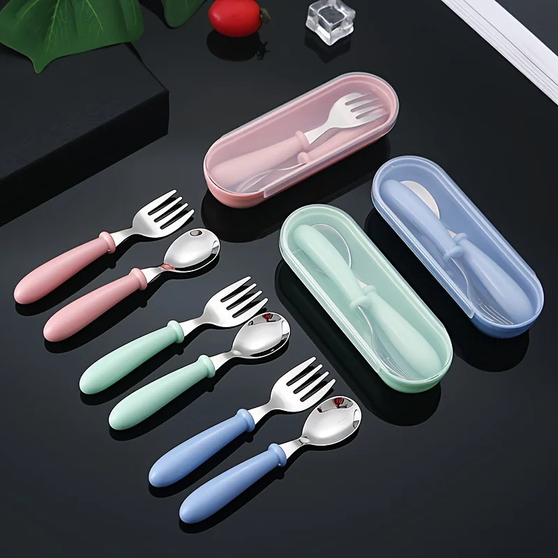 1set(3pcs) 304 Stainless Steel Spoon Fork Set With Box, Children Portable Utensils For Outdoor, Travel, Safe Round Handle Baby Feeding Cutlery, Baby Shower Gift-Blue