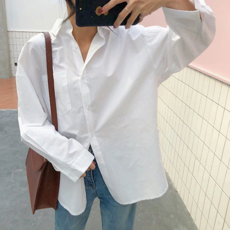 

Y2k White Women Shirts Korean Retro Loose Female Casual Blouse Autumn Spring Pocket Office All Match Ladies Tops