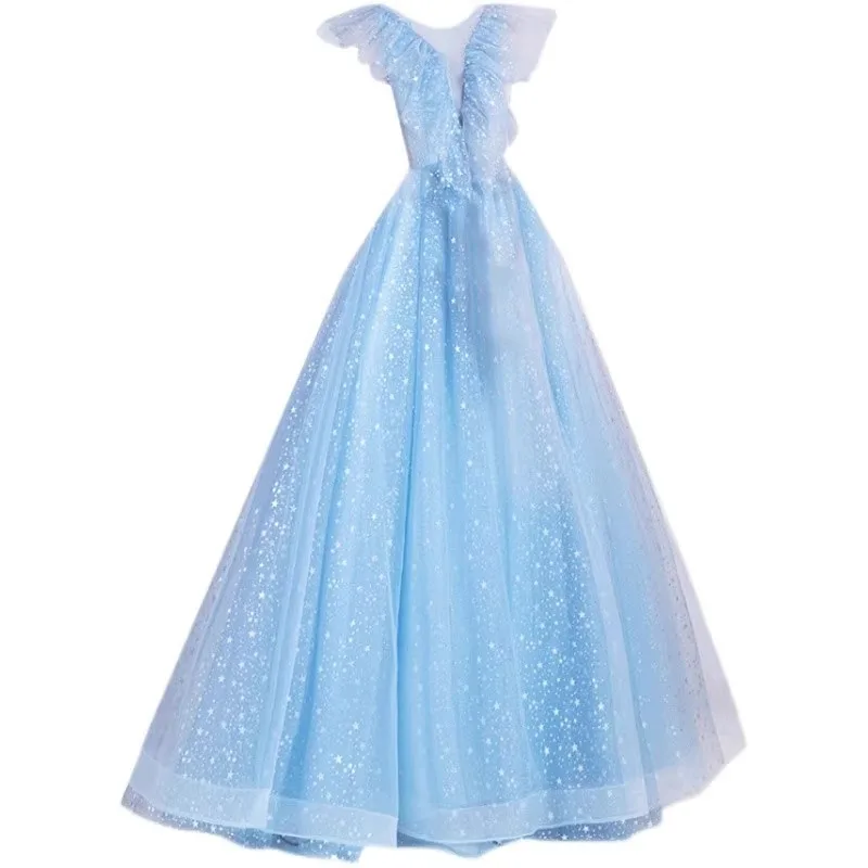 Синее вечернее платье, новинка 2025 года, перспективная вечерняя вечеринка, ежегодное собрание, художественное экзаменационное представление, соло, свадебное платье, осень