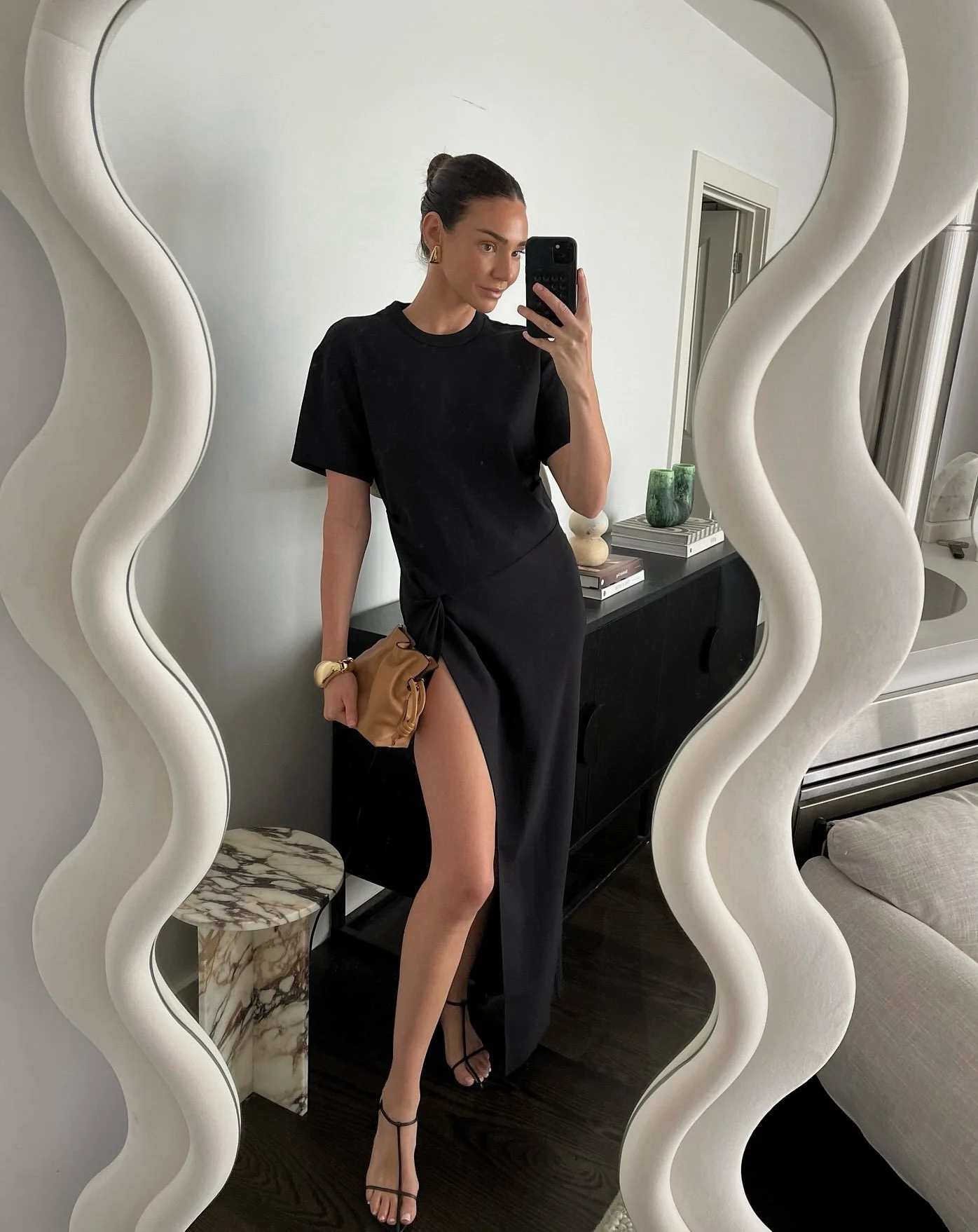 

Ladies High Slit Maxi Dress Round Neck Short Sleeve Elegant Slim Robe