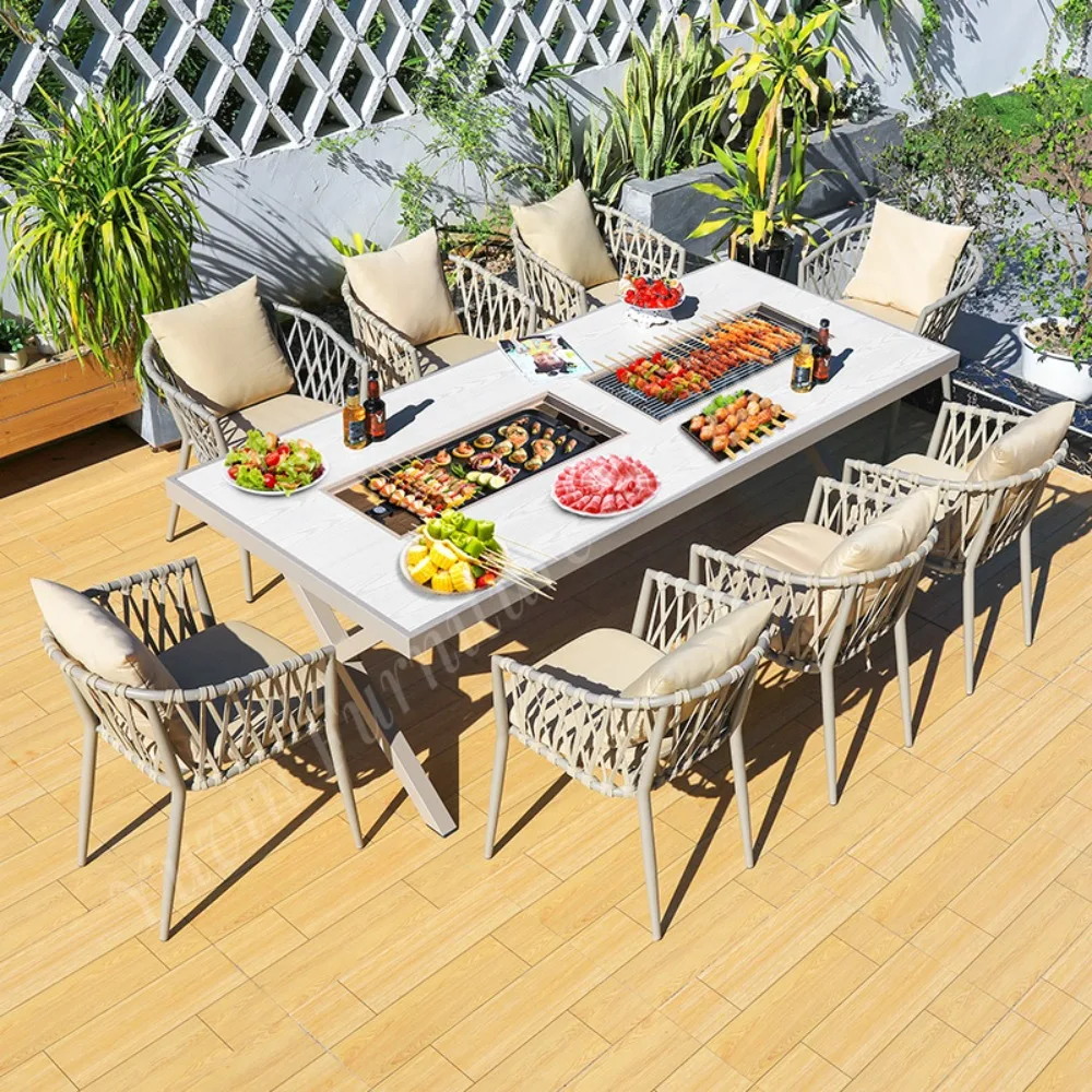 Outdoor Restaurant Garden Furniture Set Aluminum Rectangular Korean Bbq Grill Table and 8 Chair for Yard
