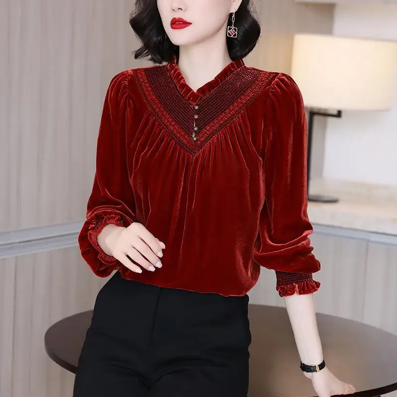 

Temperament Sping Autumn Pleuche New Women's Solid V-Neck Pleated Button Patchwork Fashion Elegant Loose Long Sleeve Shirts Tops