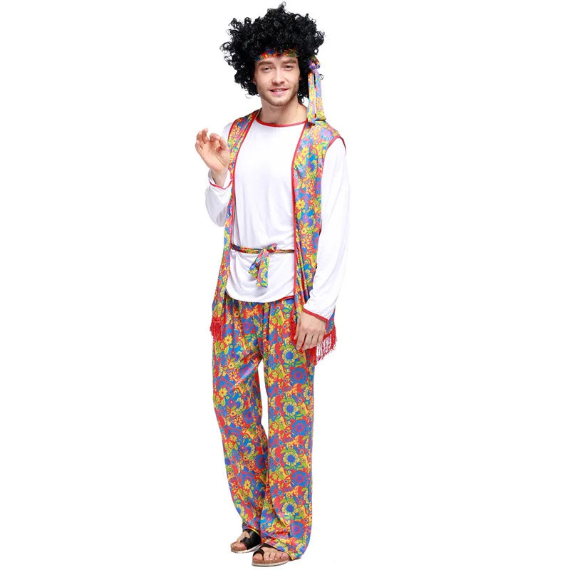 70s 80s Peace Love Hippie Cosplay Costume Adult Man Outfits Halloween Party Carnival Retro Rock Disco Hippie Costume with Wig