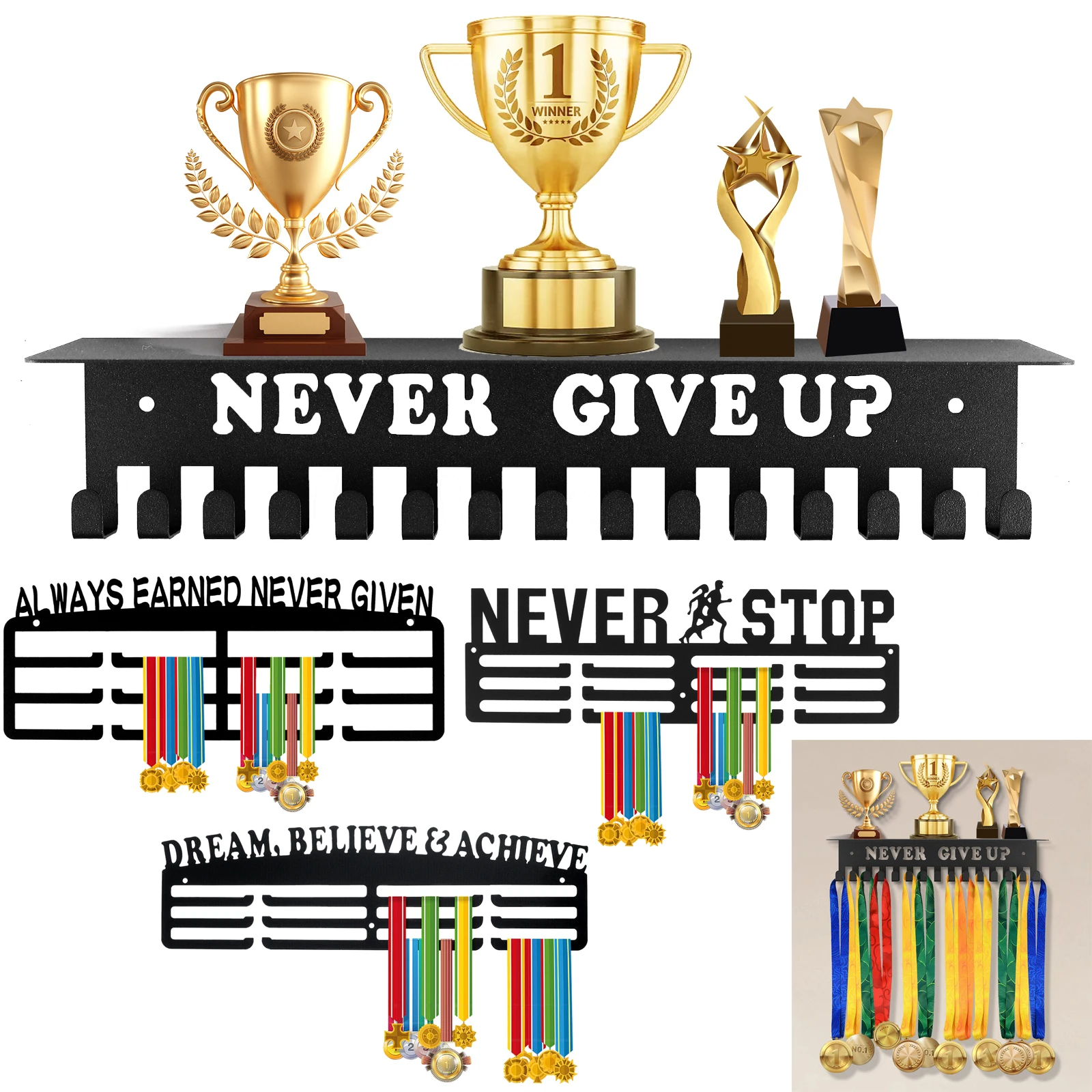 Medal Hanger Display Rack Wall Mount Metal Trophy Rack Ribbons Medals Display Hanger with Inspirational Words for Soccer Race