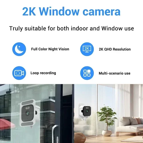 Imagen 2 del producto Cámara de ventana inteligente QHD 2K, cámaras interiores WiFi 2,4G/5G para seguridad del hogar visión nocturna en Color detección de movimiento grabación 24/7