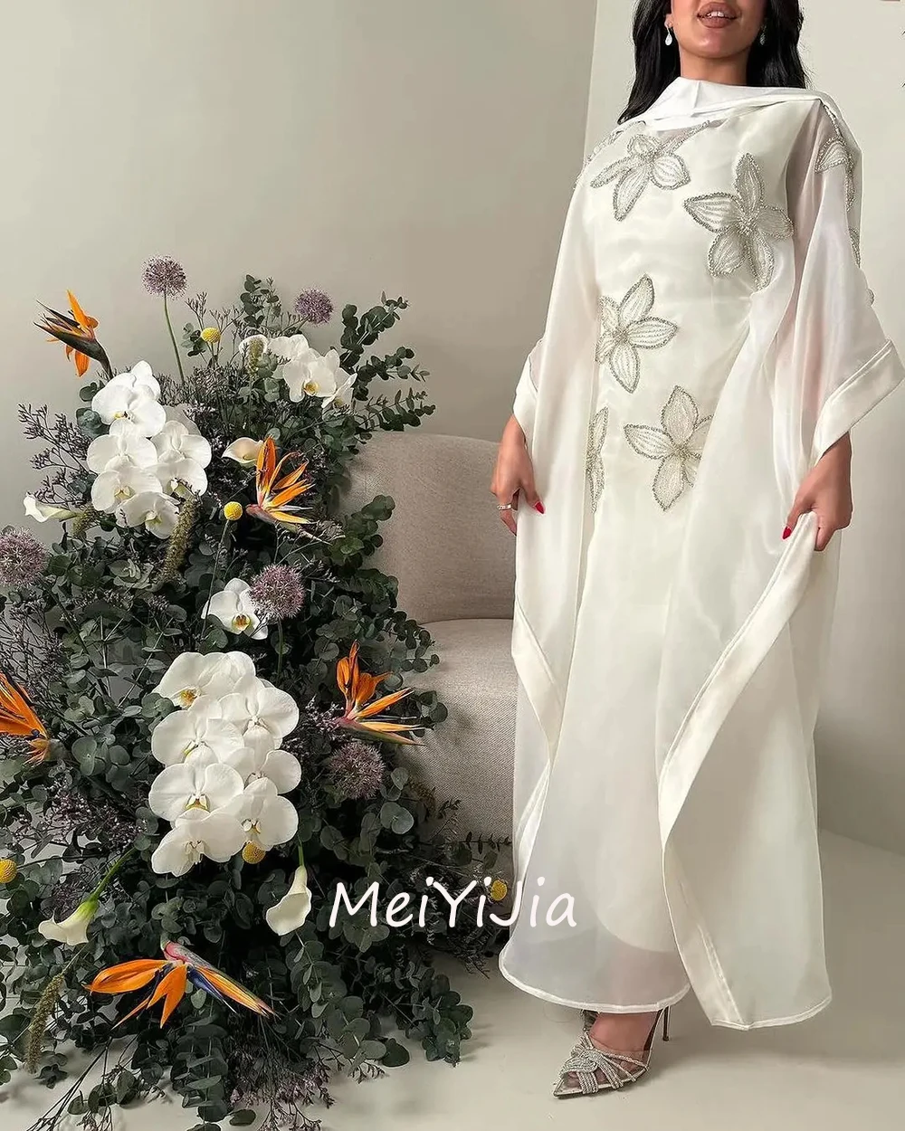 MeiYiJia HighNeck Simple Embroidery Beaded Crepe Ankle-Length A-Line Saudi Arabia Sexy Evening Birthday Club Outfits Summer 2024