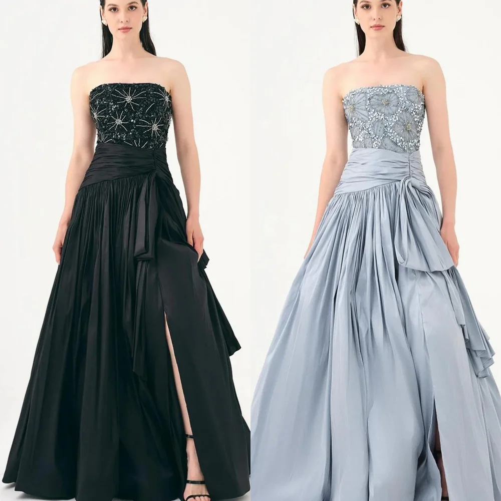 

Jersey Draped Rhinestone Beading Cocktail Party A-line Strapless Bespoke Occasion Gown Long Dresses