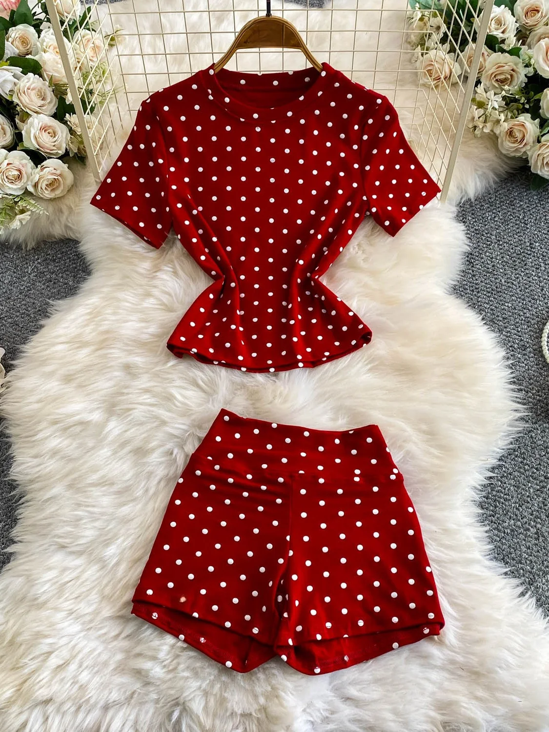 Korean Style Polka Dot Knitted Short Sleeve T-Shirt High Waist Fitness Pants Women's Fashion Set Slimming Peach Pants Two Pie... view 2