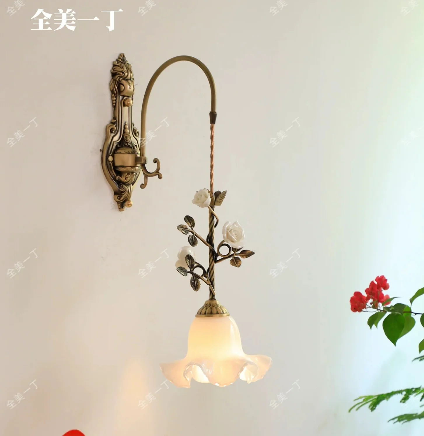 French style all copper bedside pendant light with floral small hanging line light, aisle bar counter retro restaurant wall ligh