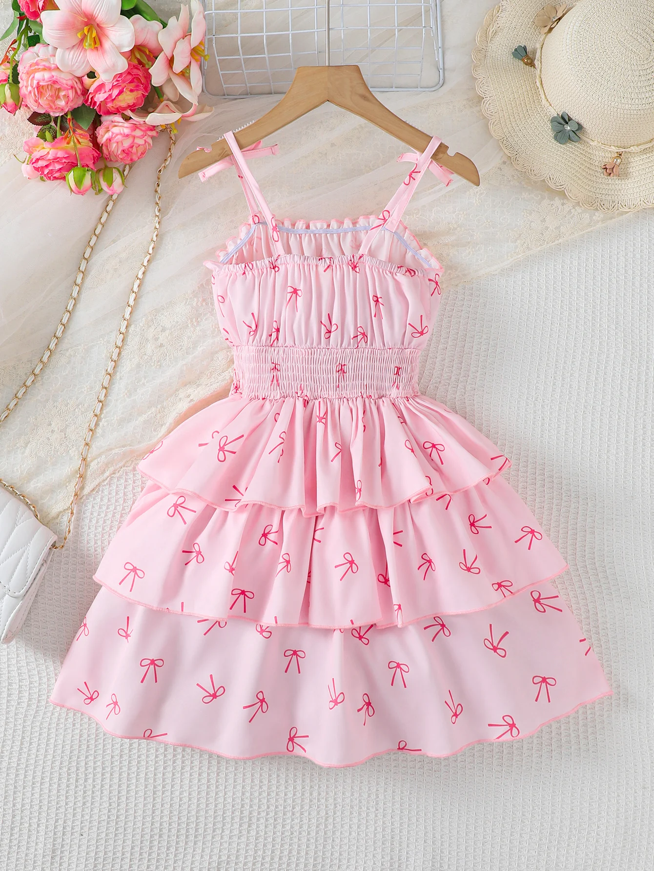 Girls Butterfly Knot Patterned Strap Dress Summer Children's Fashion Comfortable Versatile Outdoor Scene Suitable Dress