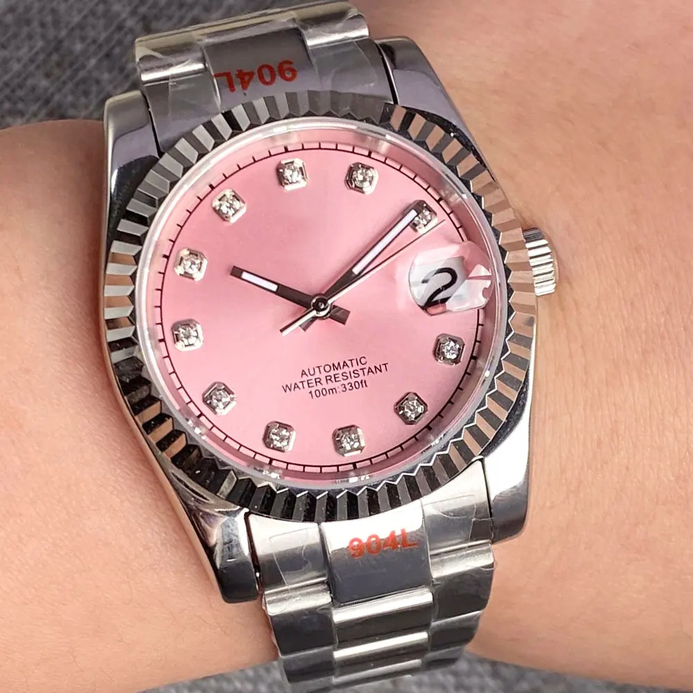 

Bliger Pink Watch For Lady Men Watch 36mm 39mm Roman Numeral Diamond Mark Pink Dial NH35A Date Display Coin Bezel