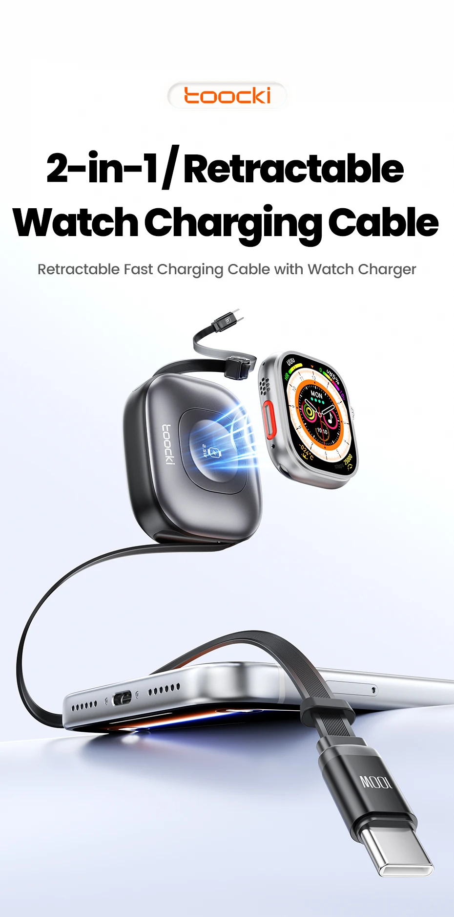Toocki 2-in-1 ausziehbares Kabel PD100W USB-C Schnellladekabel + 2,5W kabelloses Uhren-Ladegerät für iPhone/Apple Watch Xiaomi Huawei – Detail 1