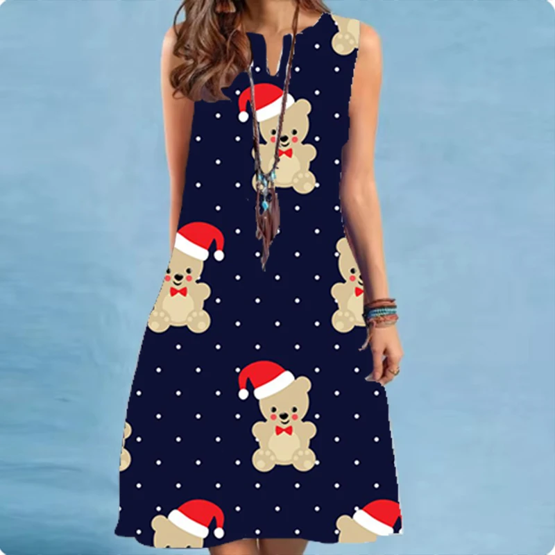 New sexy womens dress with Christmas teddy bear print V-neck pullover sleeveless elegant temperament knee length dress for women