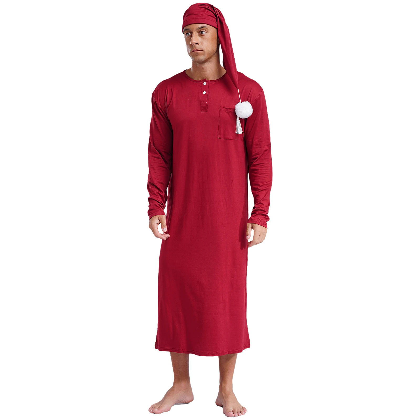 Mens Solid Color Sleep Robe with Hat Sleepwear Loose Sleep Wear Sissy Nightwear Long Sleeve Long Robe Pointed Hat with Pom-pom