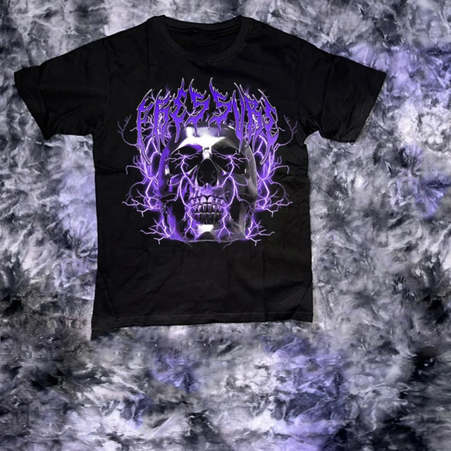 Y2K Hip Hop Black Oversized Cotton T-Shirt Gothic Skull Purple Print  Harajuku Retro Aesthetic Gothic Graphic Punk Clothes