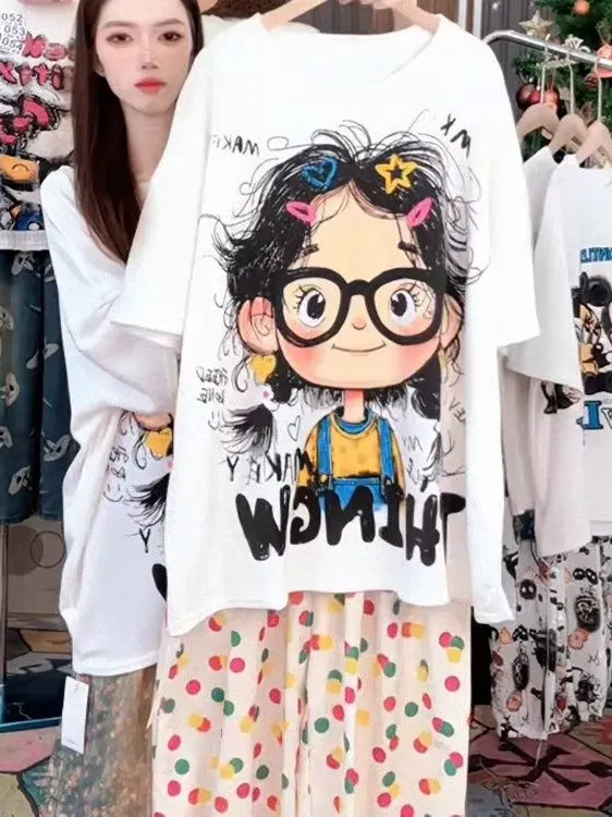 Summer 2025 Trendy Cotton ort Sve T-irt Women's Loose Fit Cartoon Print Comfortable Breathable Korean Sle round Ne