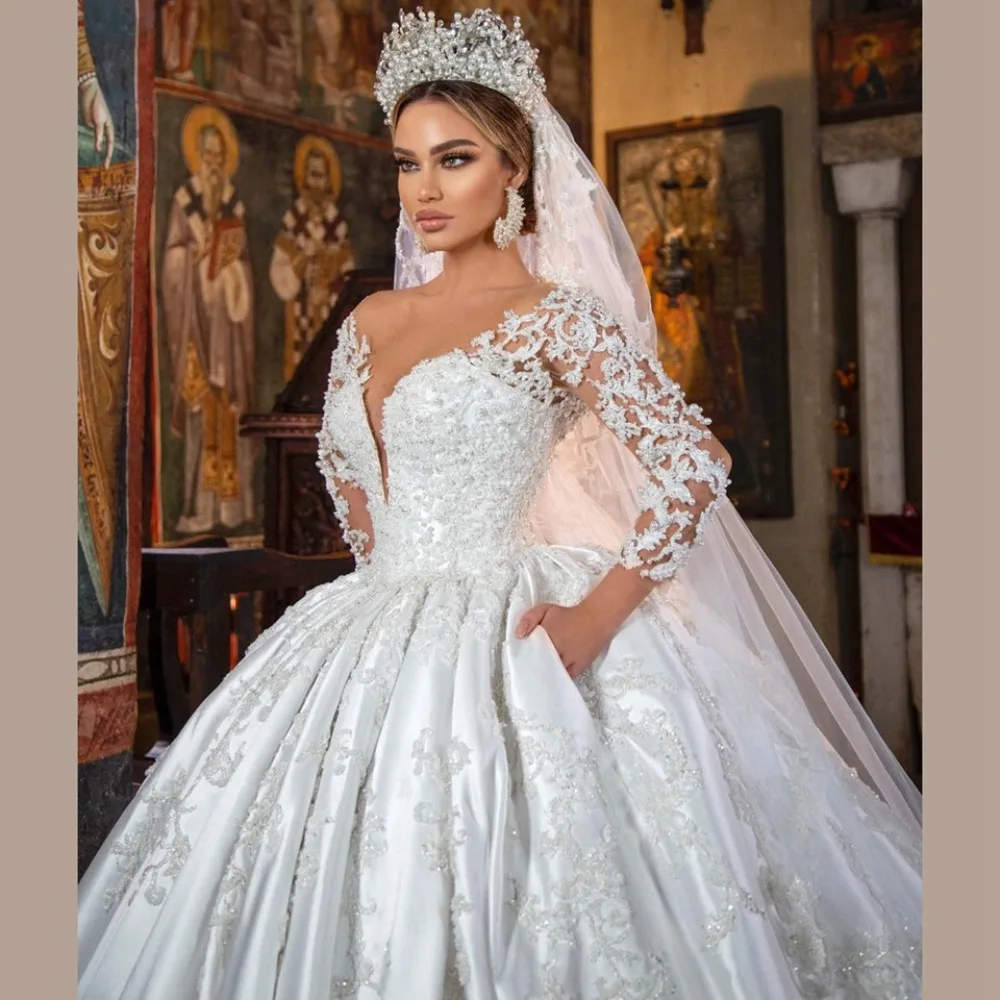 Luxury Sheer O-neck Wedding Dresses Long Sleeves Appliques Beading Bridal Gown Elegant Satin Vestido de novia