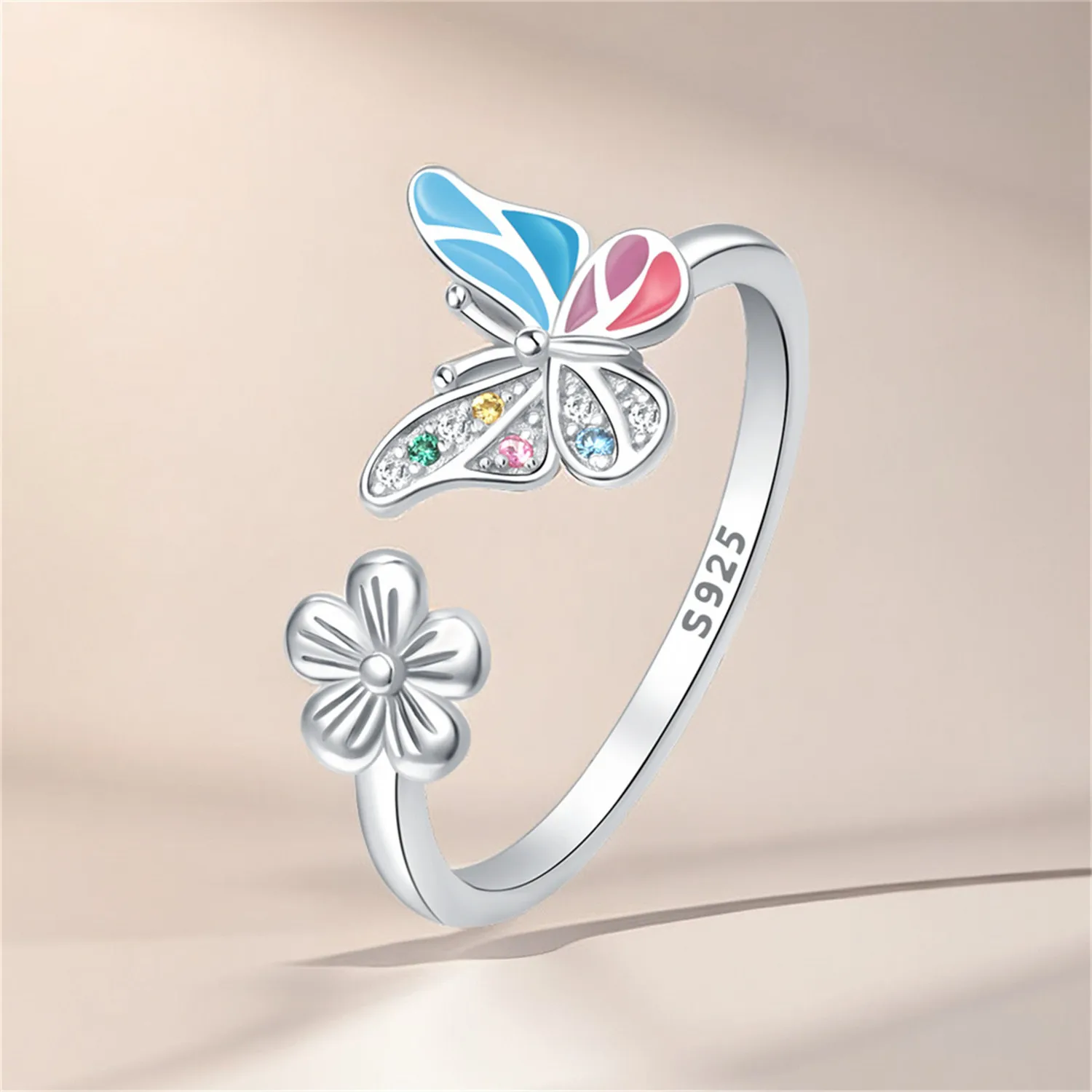 PANPOKI S925 فضة فراشة الحشرات زهرة افتتاح الدائري للنساء الأصلي البنصر مجوهرات هدايا الحفلات العصرية #3