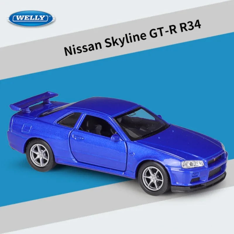 

Модель спортивного автомобиля Welly 1/36 Nissan GTR GT-R R34 Skyline, Металлическая Модель гоночного автомобиля, миниатюрная масштабная детская игрушка в подарок