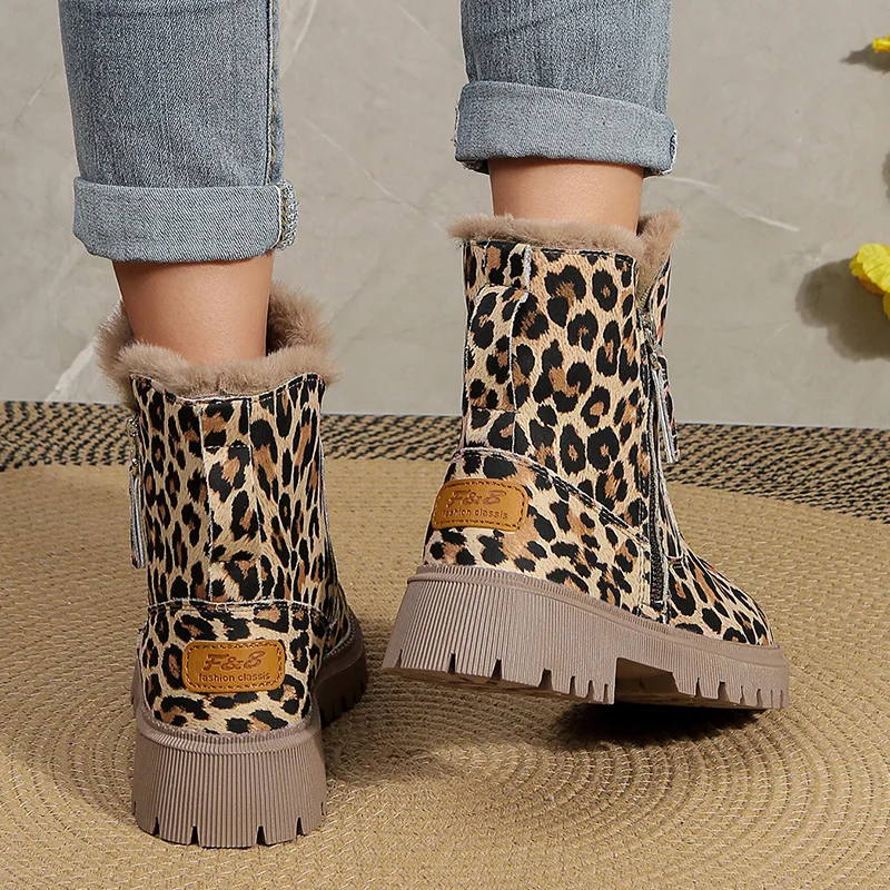 Moda Leopard Pattern Damskie buty za kostkę Boczny zamek błyskawiczny Grube pluszowe buty śniegowe Kobieta antypoślizgowa Ciepłe buty zimowe z