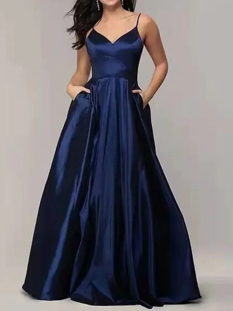 

Simple Elegant Sleeveless Formal Robe Slim Waist Sling Temperament Evening Dresses Long Sexy Pleated Wedding Party Vestidos