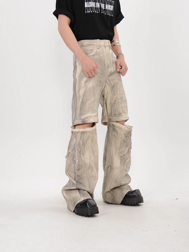 디컨스트럭팅 니치 디자이너 디자인 더티 워시 워른 진 남성용 탈부착 가능한 루즈핏 와이드 레그 바지