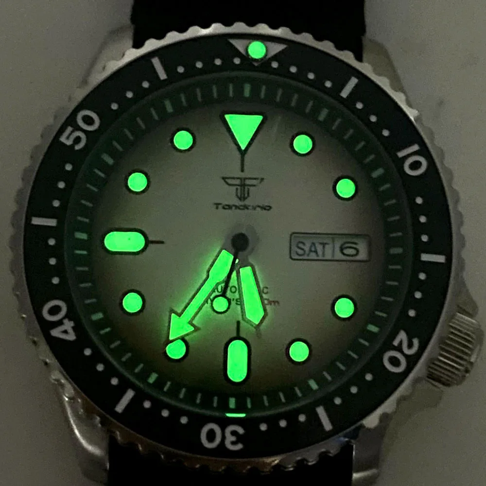 SKX Tandorio jam tangan merek Diver baja Selfwinding NH36 Movt 3.8 mahkota 120 klik Bezel Putih Dial gelang baja Lume hijau