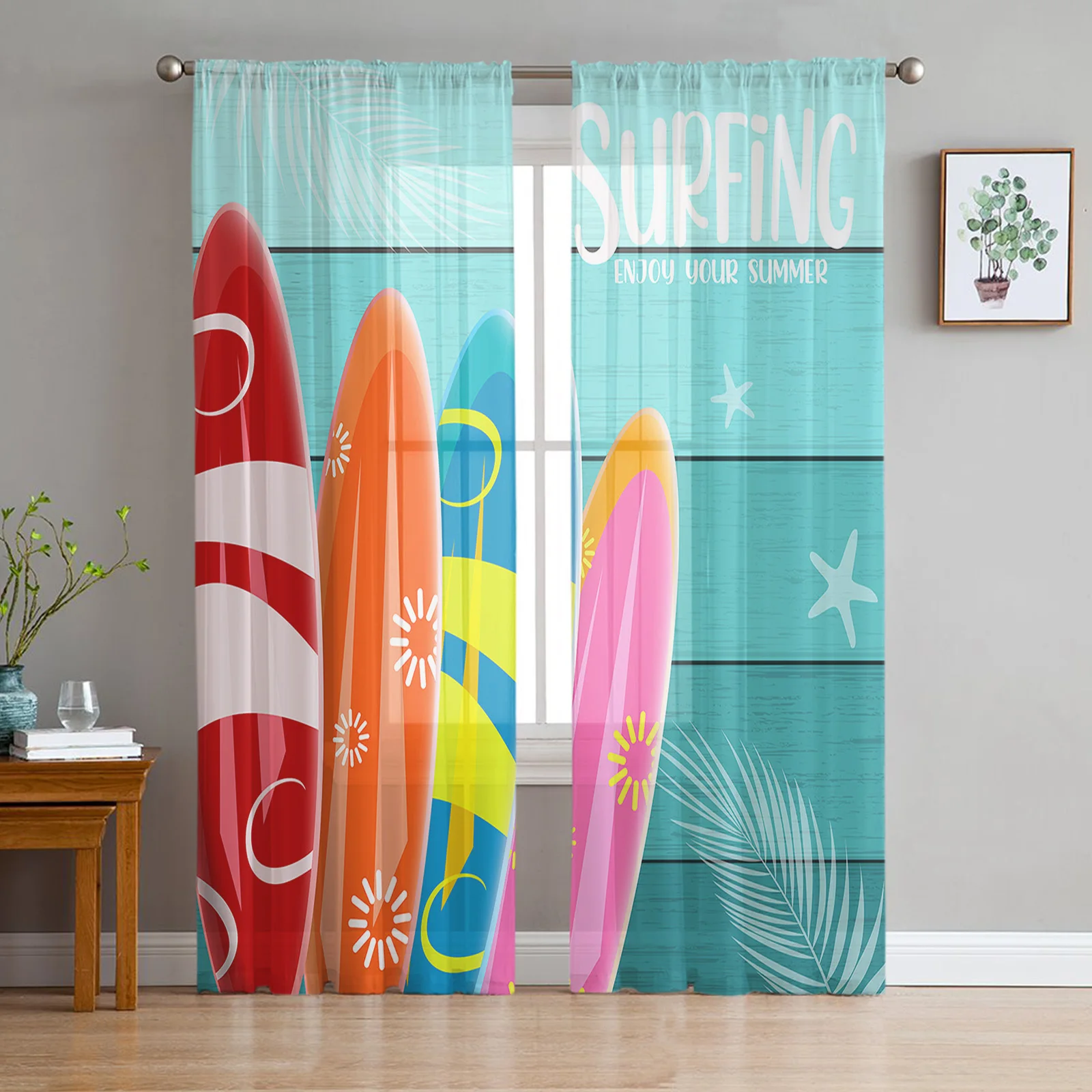 Summer Wood Grain Surfboard Chiffon Sheer Curtains For Living Room Bedroom Kitchen Decoration Window Tulle Curtain