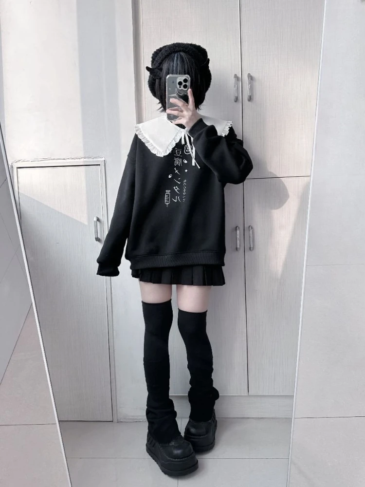 Estilo japonês subcultura bonito doce menina pulôver sólido y2k feminino outono solto casual moda moletom com capuz