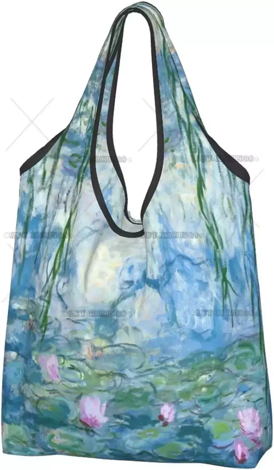 Monet Lotus Oil Painting Large Reusable Grocery Shopping Tote Bag Portable HandBag No Zipper Fashion Shopper Bag Tote Bags