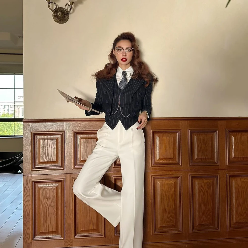 

New Striped Women's 3 Pieces Suit Sets Formal Office Pantsuit Slim Fit Short Blazer+Trousers+Vest Business Daily Casual Workwear
