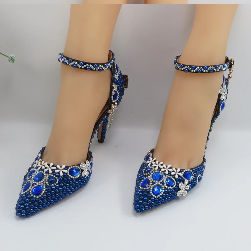 Royal Blue Pearl Fashion Bridals Shoes Pointed Toe Woman Thin Heel Shallow Wedding Party Shoes High Pumps Handmade Female Shoes