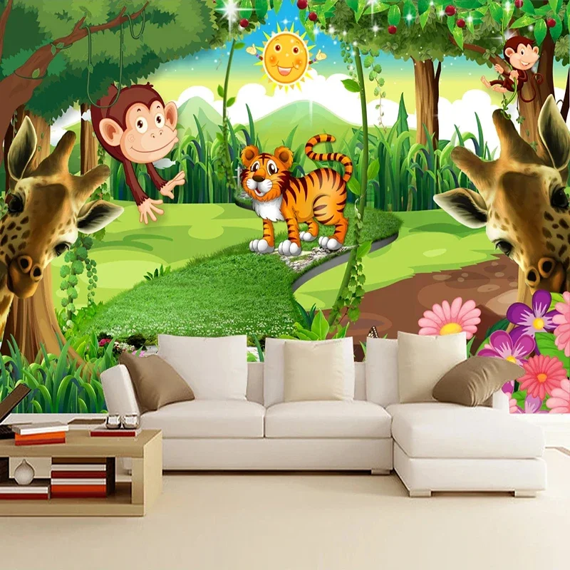 

Custom 3D Mural Wallpaper Waterproof Canvas 3D Cartoon Forest Animal Tiger Monkey Giraffe Kids Room Bedroom Photo Wall Painting