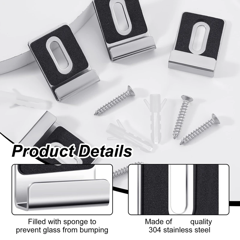 12Pcs Metal Mirror Clips Holder Kit,Mirror Hanging Clips With Screw , For Wall Mounting, Frameless Mirror Tile Display