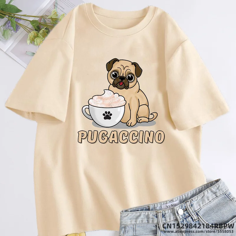 Pugaccino Cute Pug with Cappuccino T Shirt Women Summer Cotton Short Sleeve Tee Shirt Oversized Woman Clothing Woman\'s T Shirts