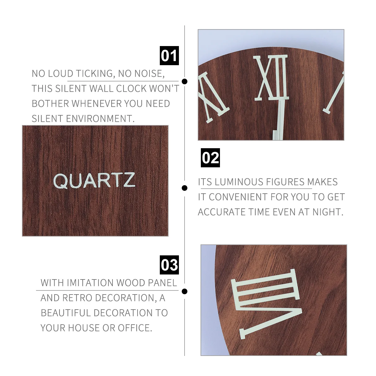 

Luminous Wooden Wall Clock Silent Non Ticking Retro Decor Roman Numerals Imitation Wood Panel Creative Office