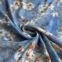 1 meter 100% Mulberry Silk 14 momme Crepe Silk Fabric Blue Floral Printed 136cm 53