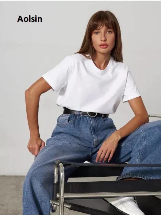 AOLSIN Women's Summer T-shirt 100% Cotton Basic Solid Short Sleeve Loose Top Fashionable Bottoming Shirt Cause Blouse for Daily