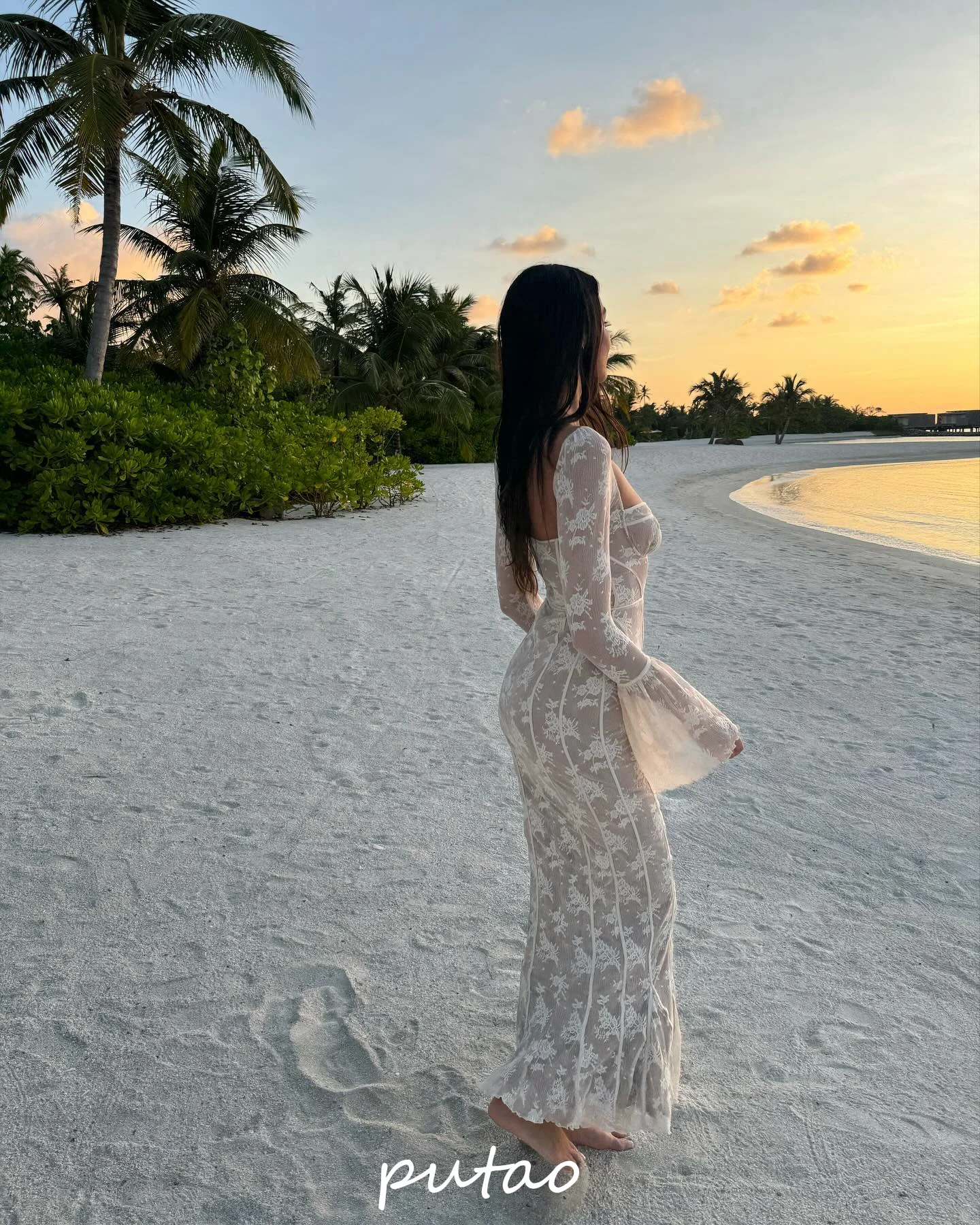 Putao Lace Summer Beach Dresses Long Illusion Sexy Mermaid Long Sleeves Formal Dress Saudi Arabia Women Wear Prom Dresses 2024