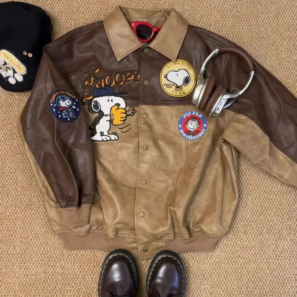 Snoopy Peanuts Vintage Leather Varsity Jacket Embroidery Patchwork Lapel Button Up Thick Quilted Liner Baseball Coat Streetwear