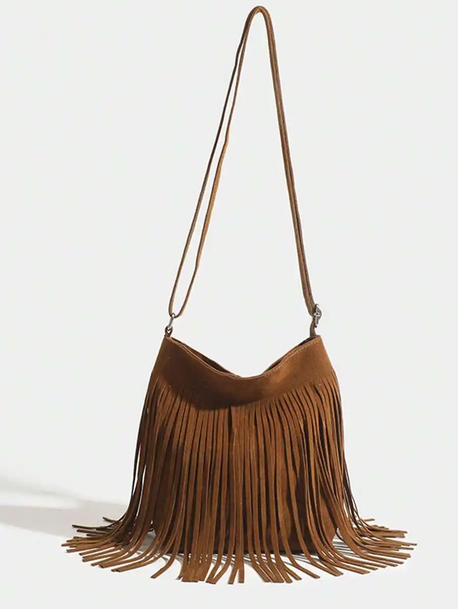 

Brown Suede Fringe Hobo Bag, Lightweight Crossbody with Adjustable Strap