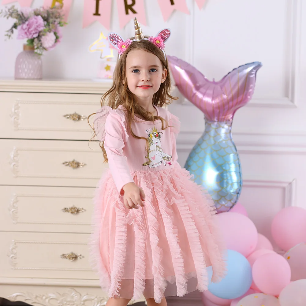 VIKITA Girls Licorne Print Cartoon Dress Kids Spring Autumn Winter Long Sleeve Pink Layered Tulle Mesh Tutu Princess Party Dress